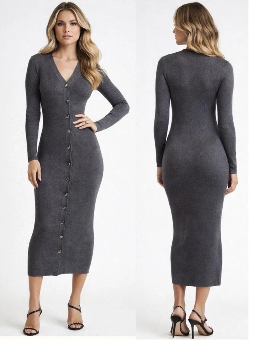 Torn by Ronny Kobo Vianne Ribbed Knit Maxi Sweater Dress Gray Button Front XS